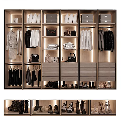 Modern Closet Interior With Hanging Clothes Folded Garments Shoes Bags And Drawers 3d model