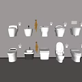 Various White Toilets With Different Designs Displayed On Gray Wall With Accessories