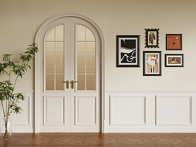 Interior With White Arched Double Doors Decorative Paintings Green Plant And Wooden Floor 3d model