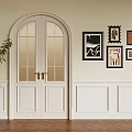 Interior With White Arched Double Doors Decorative Paintings Green Plant And Wooden Floor