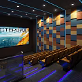Futuristic Cinema Interior With Large Screen Red Seats And Blue Lighting 3d model