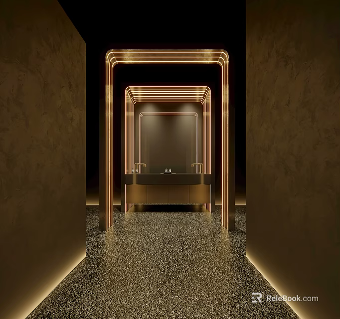Public Restroom Modern Interior Design With Framed Mirror Washbasin And Terrazzo Floor 3d model 