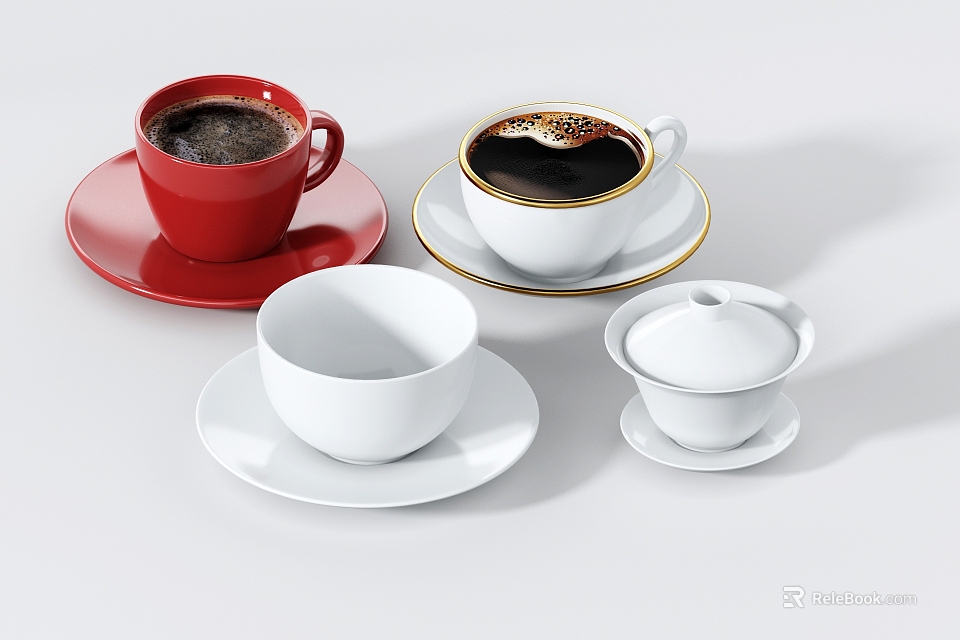 Red and White Tea Set Featuring Coffee Cups Lidded Tea Cup and Gold Rim Saucers 3d model 