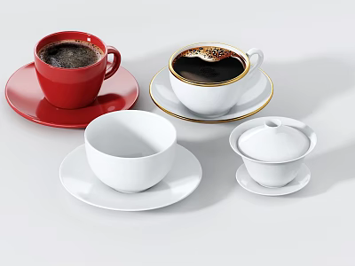 Red and White Tea Set Featuring Coffee Cups Lidded Tea Cup and Gold Rim Saucers 3d model