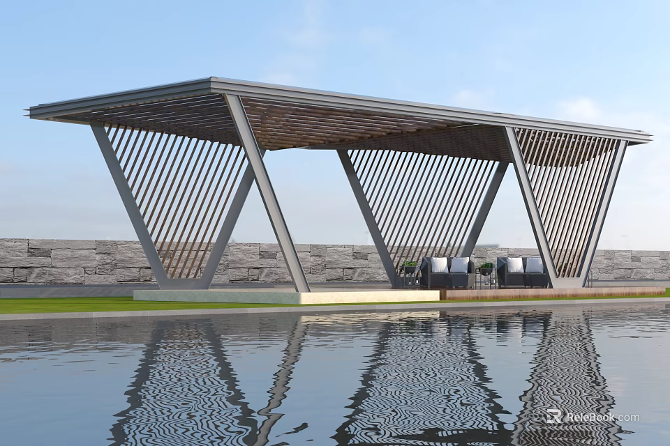 Modern Geometric Pergola Design With Metal Frame Wooden Slats And Water Reflection 3d model 
