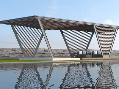 Modern Geometric Pergola Design With Metal Frame Wooden Slats And Water Reflection 3d model