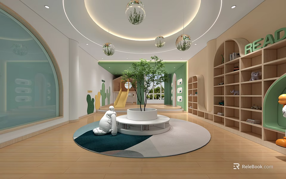 Playful Kindergarten Interior Design With Hanging Plants Slide Central Tree And White Sculptures 3d model 