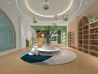 Playful Kindergarten Interior Design With Hanging Plants Slide Central Tree And White Sculptures 3d model