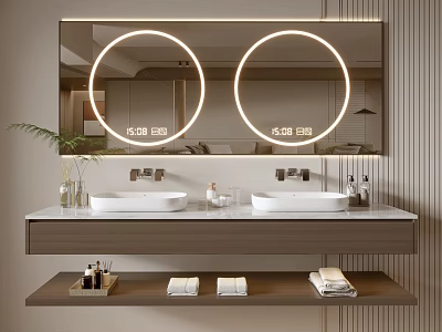 Stylish Shower Sauna Bathroom With Double Sinks Large Mirror Circular Lights And Soft Towels 3d model