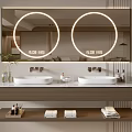 Stylish Shower Sauna Bathroom With Double Sinks Large Mirror Circular Lights And Soft Towels