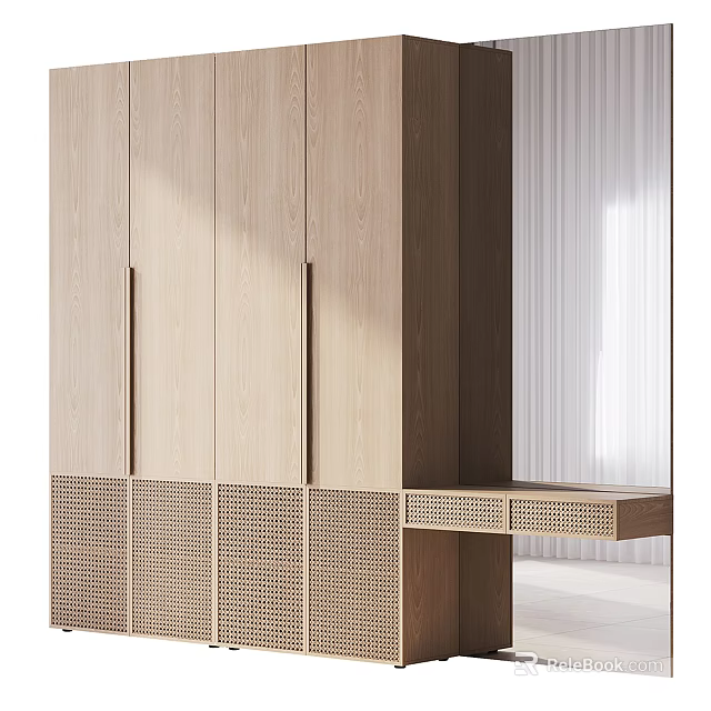 Modern Minimalist Wooden Wardrobe With Wicker Door Panels And Storage Space 3d model 