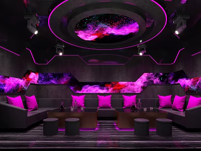 Modern KTV Room With Starry Sky Theme Purple Lighting Sofas And Bar Counter 3d model