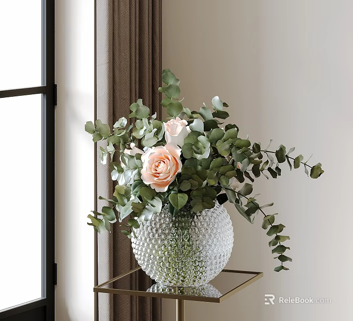 Crystal Textured Vase With Pink Roses And Eucalyptus Leaves On Golden Shelf By Window 3d model 