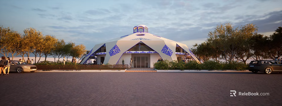 Elegant Detached Villa With Domed Roof And Blue White Decorative Patterns 3d model 