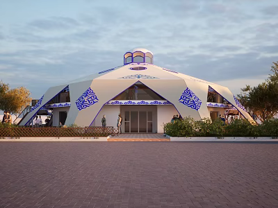 Elegant Detached Villa With Domed Roof And Blue White Decorative Patterns 3d model