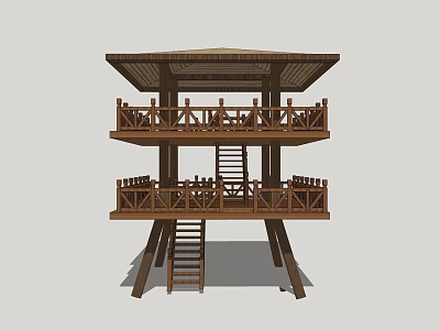 Traditional Outdoor Wooden Tower With Two Tiered Structure And Balconies Ladder 3d model