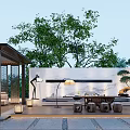 Tranquil Garden Landscape With Pavilion Stone Pathway Greenery Lanterns And Circular Decorative Wall
