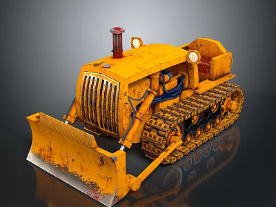 Old Yellow Rusty Bulldozer With Tracks Red Chimney And Front Blade 3d model