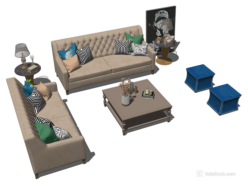 Modern Sofa and Coffee Table Set With Beige Upholstery Colorful Pillows and Blue Stools 3d model 