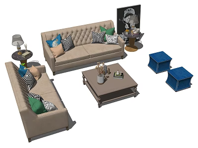 Modern Sofa and Coffee Table Set With Beige Upholstery Colorful Pillows and Blue Stools 3d model