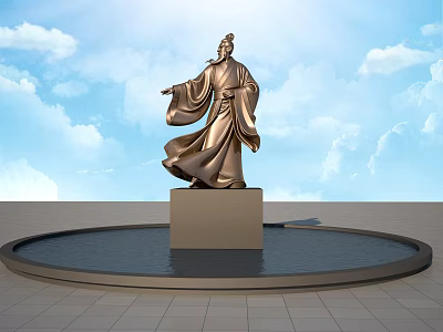 Landscape Sculpture Ancient Figure Bronze With Square Pedestal Circular Pool Against Blue Sky White Clouds 3d model