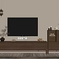 Living Room Featuring Wooden TV Stand Large Black Screen Hanging Lantern Bookshelf And Potted Plant