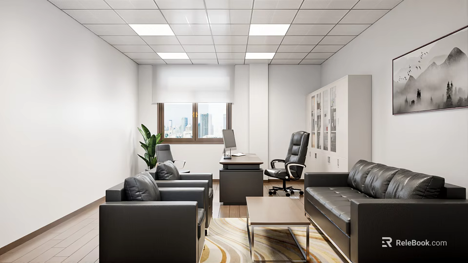 Modern Office Interior Design With Black Leather Sofa Wooden Desk Office Chair And Green Plant 3d model 