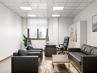 Modern Office Interior Design With Black Leather Sofa Wooden Desk Office Chair And Green Plant 3d model