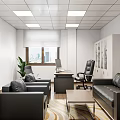 Modern Office Interior Design With Black Leather Sofa Wooden Desk Office Chair And Green Plant