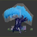 Cartoon Scene Featuring Blue Tree With Icy Branches Dark Trunk Green Grass And Water Puddle