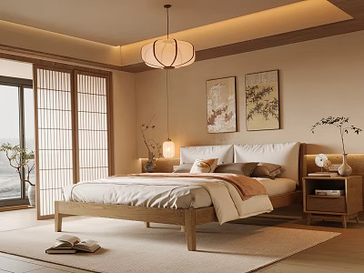 Japanese Style Bedroom With Wooden Bed Frame Sliding Doors Lantern Pendant Light And Wall Artworks 3d model
