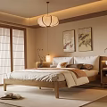 Japanese Style Bedroom With Wooden Bed Frame Sliding Doors Lantern Pendant Light And Wall Artworks