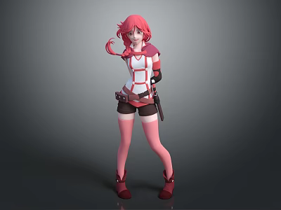 3D Fantasy Female Character With Pink Hair Red White Outfit And Weapon Design 3d model