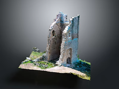Ancient Castle Ruins Scenery With Grass And Dirt Path On Gray Background 3d model