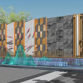 Modern Landscape Wall Design With Red Fish Motifs Stone Panels Water Fountain And Green Plants