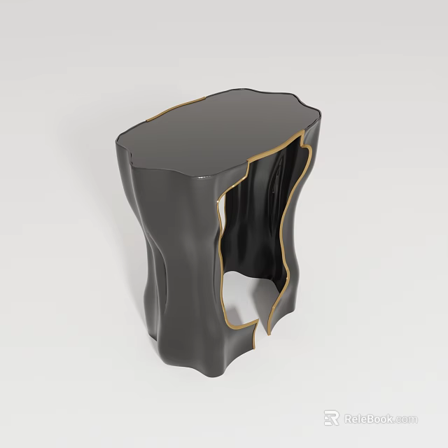 Black Side Table With Gold Trim Unique Irregular Shape And Glossy Surface 3d model