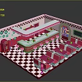 Pink Red Retro Interior Design With Checkered Floor Curved Bar and Circular Decorations