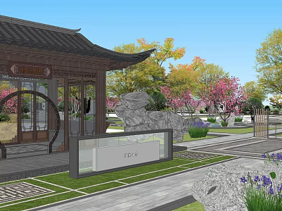 Chinese Style Residential Landscape With Traditional Pavilion Stone Lion Statue And Flowering Trees 3d model
