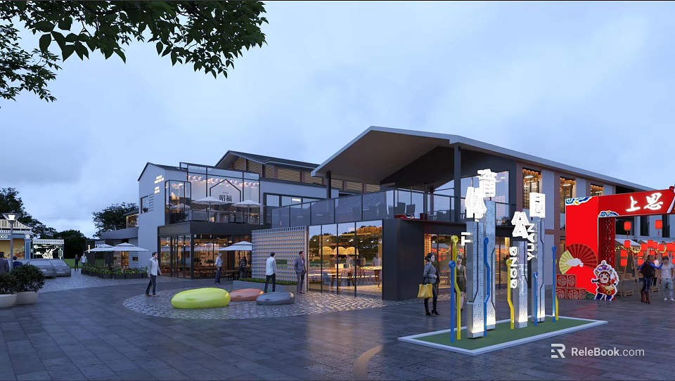 Modern Commercial Street With Elegant Architecture Glass Facades And Outdoor Dining Areas 3d model 