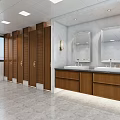 Modern Public Restroom Interior With Wooden Cubicles Patterned Decorations Marble Walls And Windows