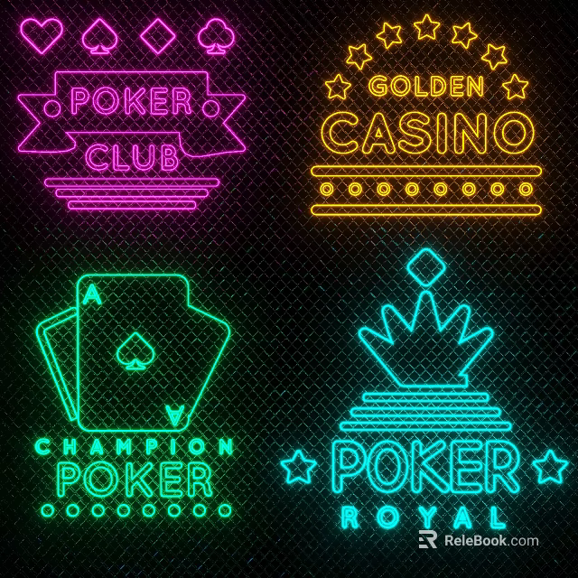 Neon Decorative Lights for Poker Club Golden Casino with Playing Cards and Crown 3d model 