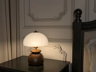Table Lamp With Wooden Base And White Lampshade On Bedside Table Decorative Gray Wall 3d model