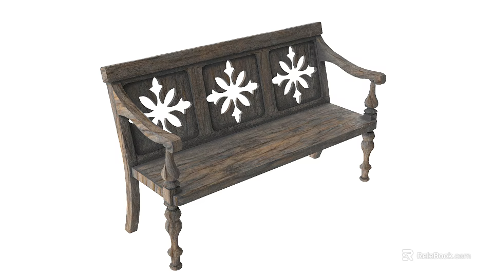 Traditional Wooden Leisure Bench With Carved Snowflake Cutout Patterns Decorative Armrests And Ornate Legs 3d model 