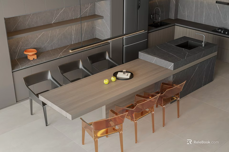 Elegant Dining Table And Chairs Combination With Wooden Surface And Transparent Acrylic Seats 3d model 