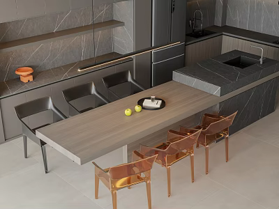 Elegant Dining Table And Chairs Combination With Wooden Surface And Transparent Acrylic Seats 3d model