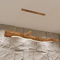 Rustic Wooden Branch Shaped Pendant Light Hanging From Ceiling With Stone Wall 3d model
