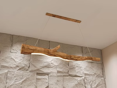 Rustic Wooden Branch Shaped Pendant Light Hanging From Ceiling With Stone Wall 3d model