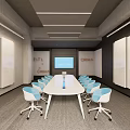 Modern Conference Room With Long Table White Chairs Blue Seats And Whiteboards
