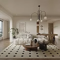 Warm Neutral Vintage Open Plan Living And Dining Room Interior With Chic Natural Wood Furnishings