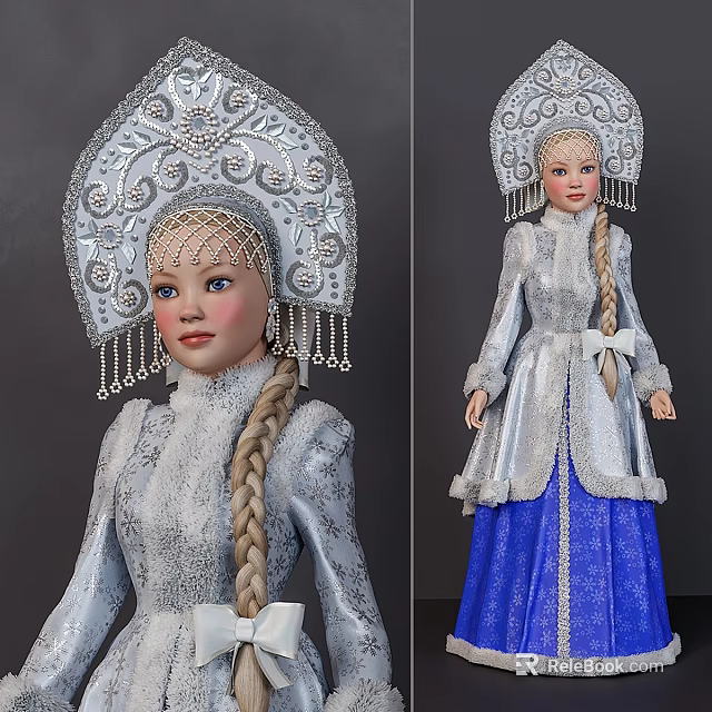 Traditional Outfit Doll With Silver Decorated Headdress Long Braid And Blue Skirt 3d model 